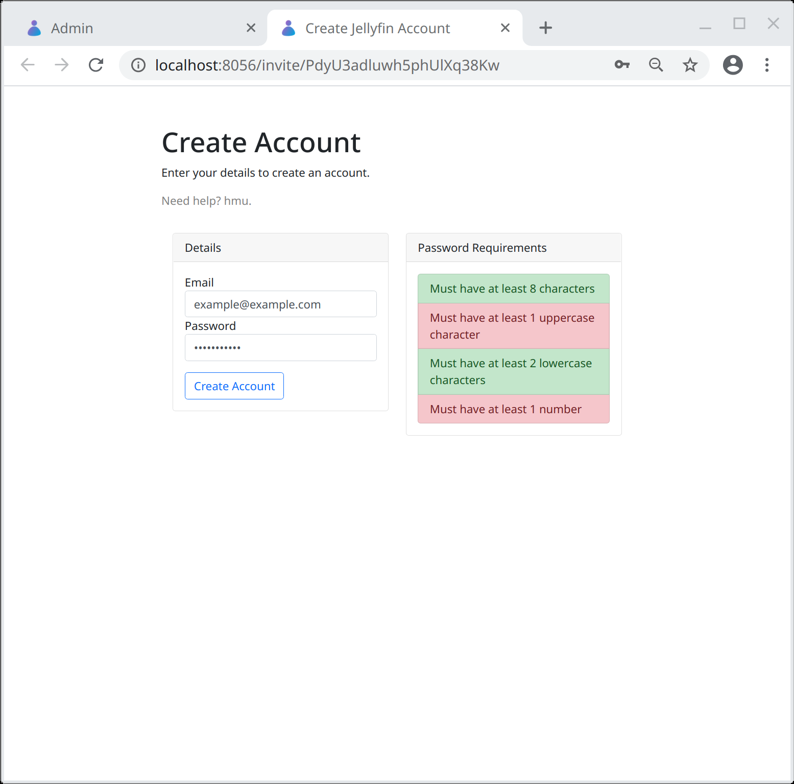 Account creation page