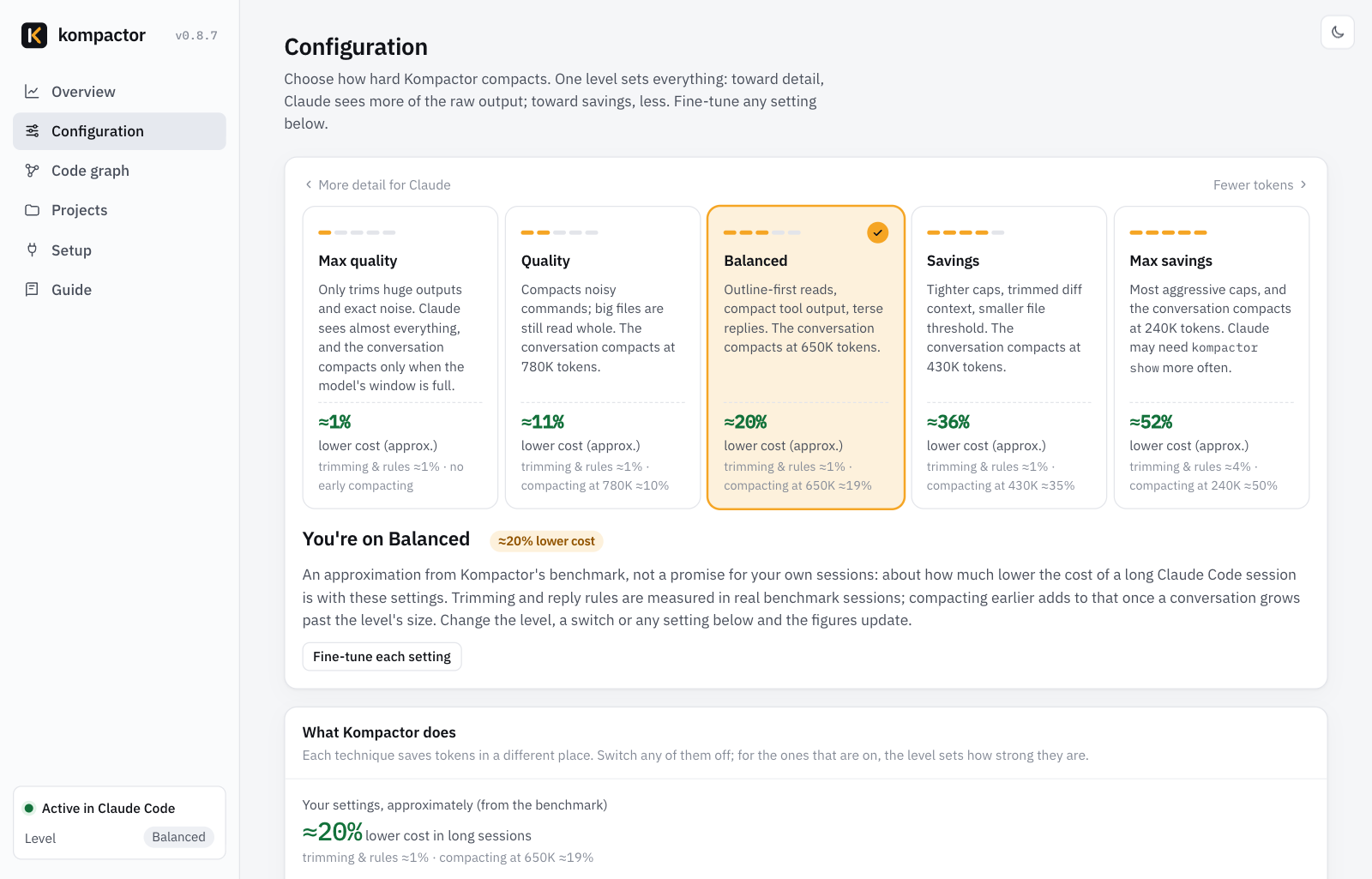 The Configuration page: five levels from Max quality to Max savings