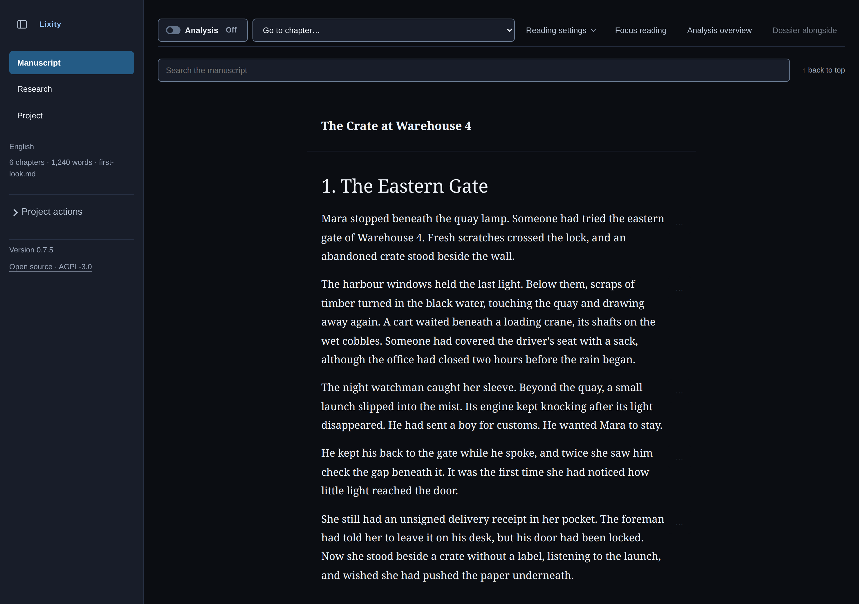 Lixity manuscript reader with continuous prose, chapter navigation and contextual tools