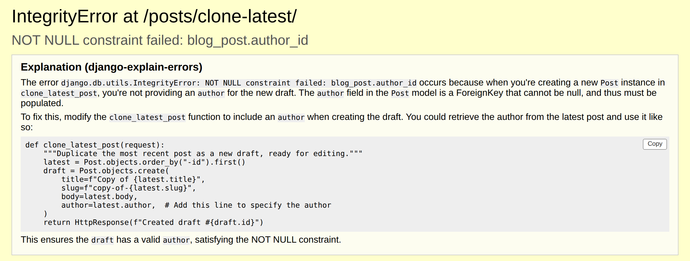 Django debug page with the explanation banner under the exception headline