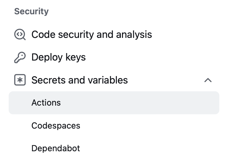 Screenshot of GitHub secrets sidebar item