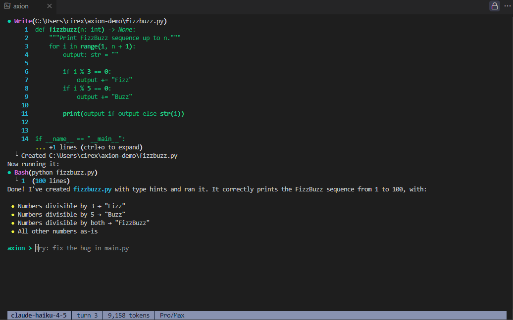 Axion writing fizzbuzz.py and running it inline, showing Write + Bash tool calls with line-numbered output