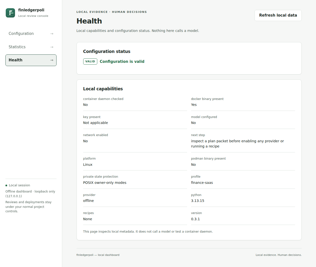 Health: valid offline configuration and local capabilities