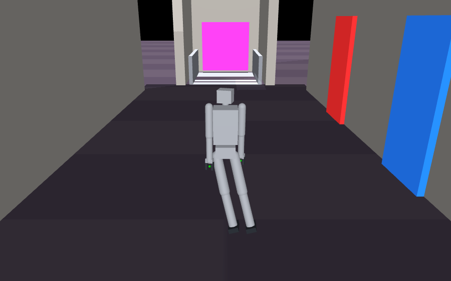 The H1 humanoid in a hotel corridor, the lift ahead