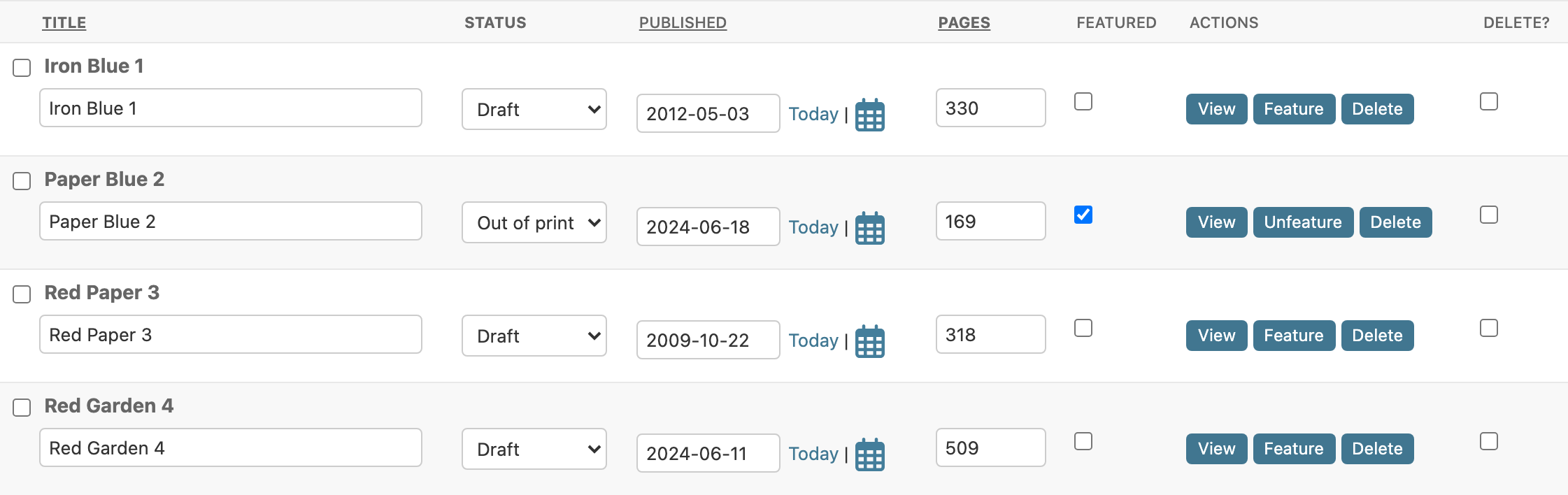 Row actions: View, Feature/Unfeature and Delete on each row