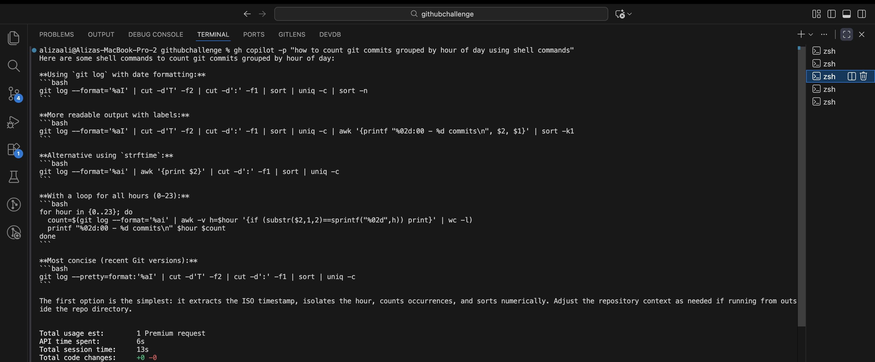 Copilot CLI helping count commits by hour of day