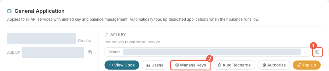 Copy the redacted application API Key or open Manage Keys