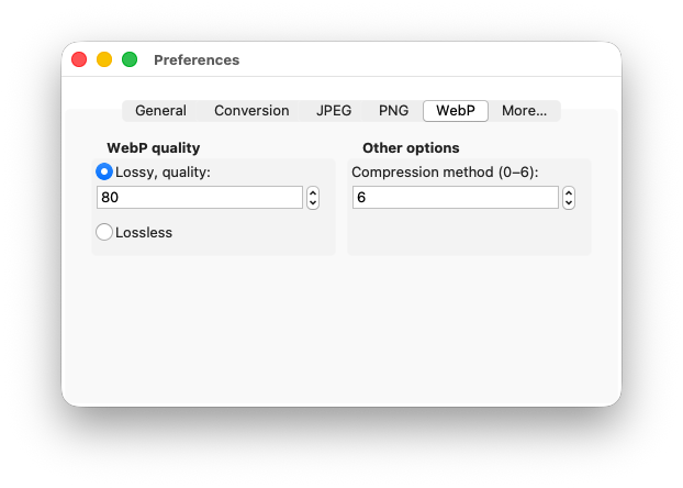 Optimize Images X - Preferences Window: WEBP