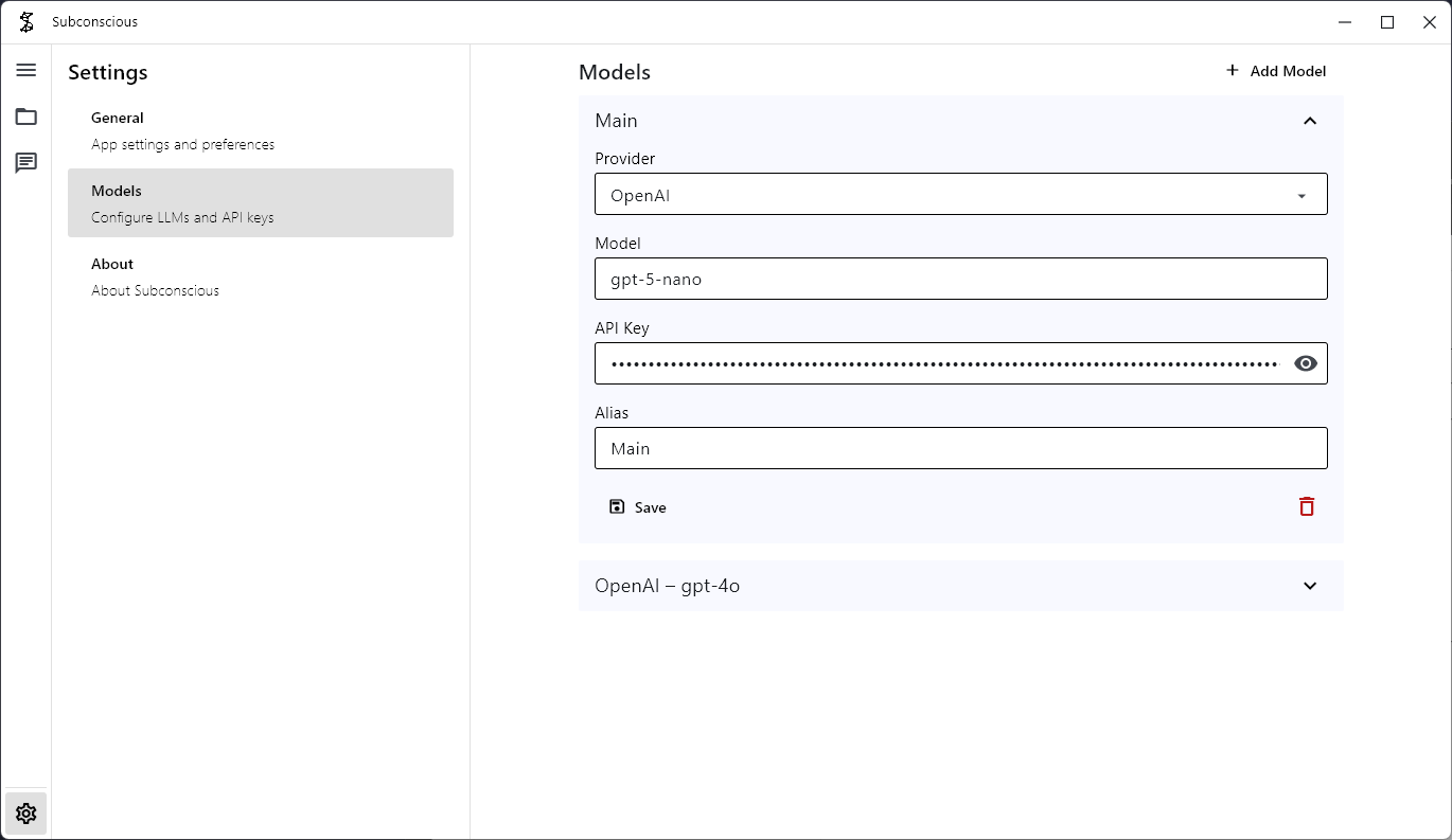 Settings & Model Configuration Screenshot