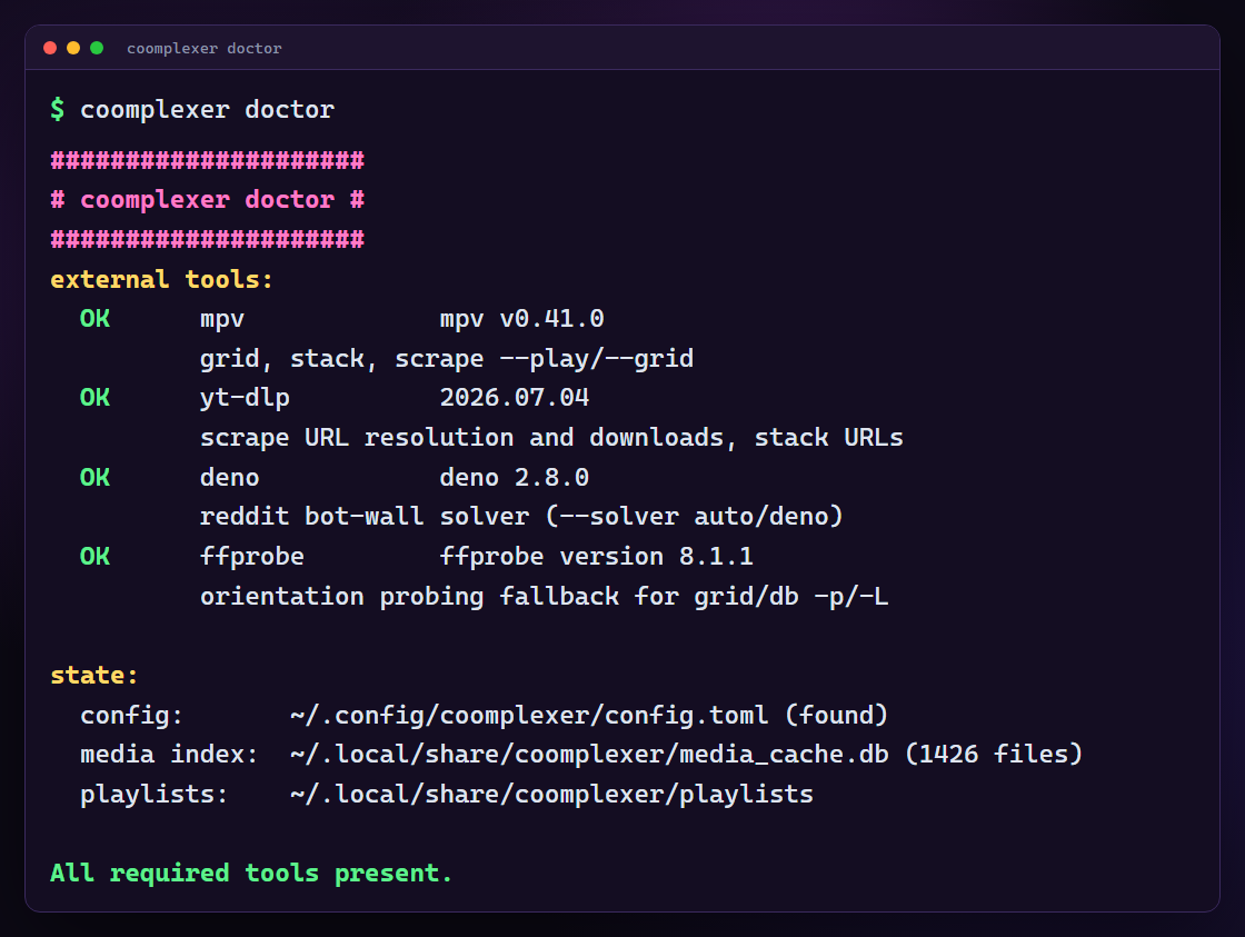 coomplexer doctor checking tools, packages and state