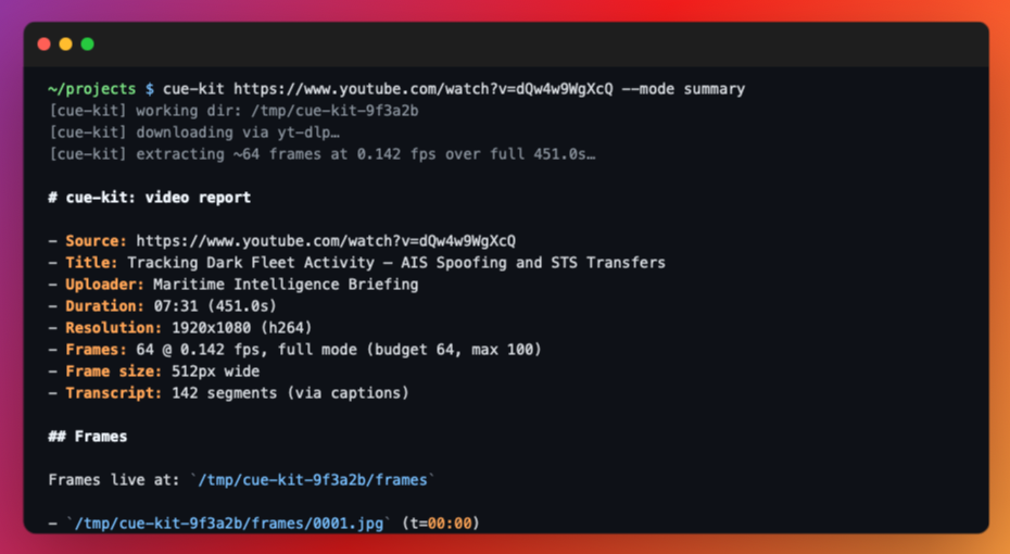 Terminal session showing cue-kit producing a video report with frame timeline and transcript