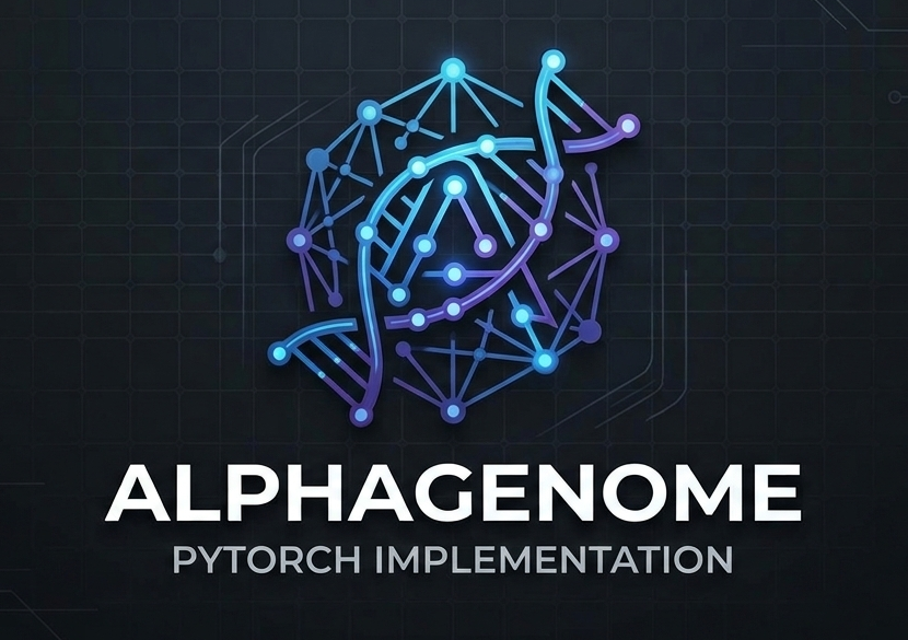 AlphaGenome PyTorch logo over an illustration of DNA and a neural network