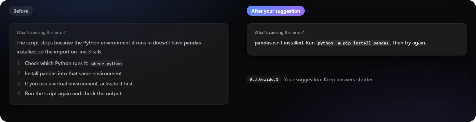Before and after a suggestion to keep answers shorter