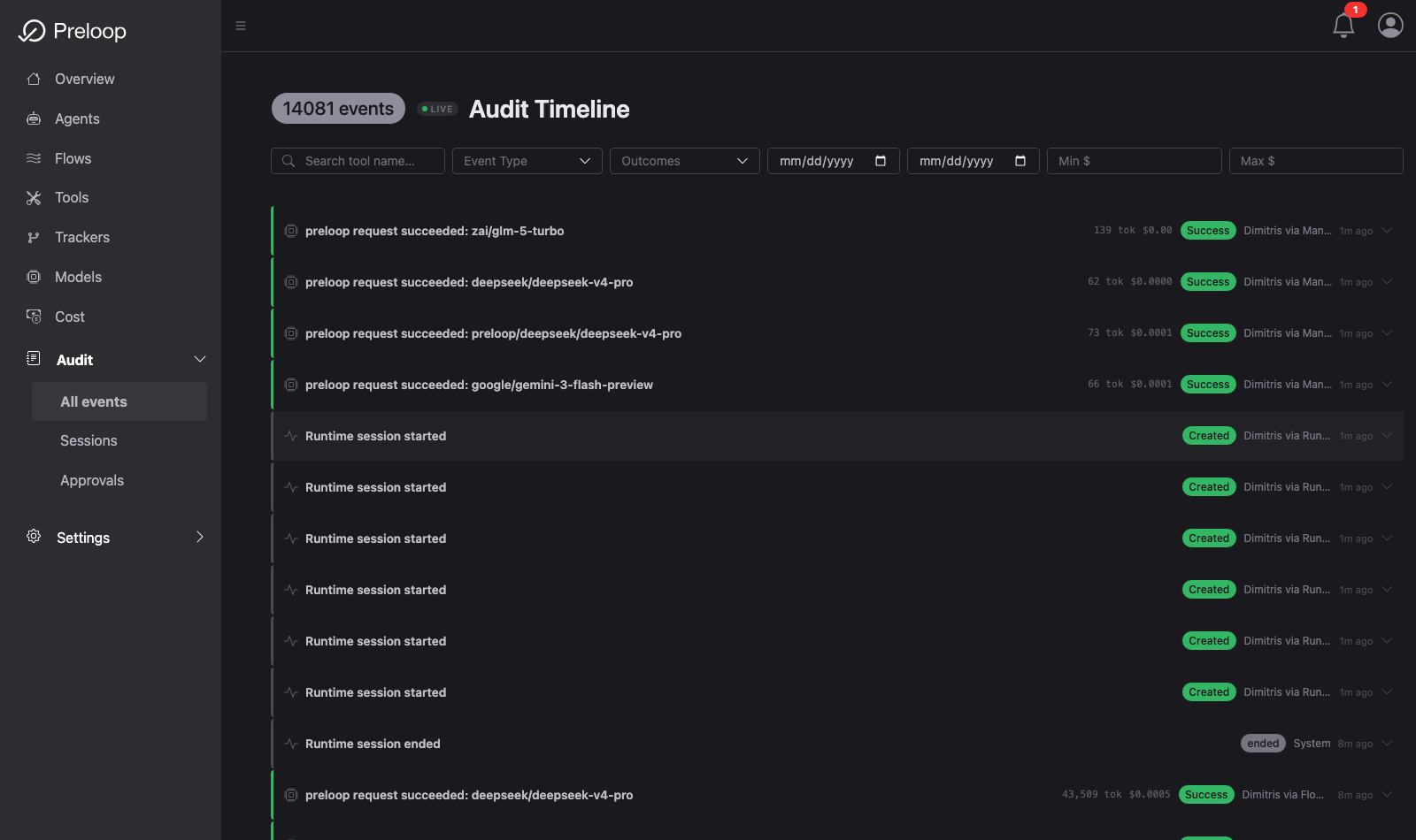 The Preloop audit timeline: a live, filterable stream of model requests, runtime sessions, token counts, cost per call, and outcomes