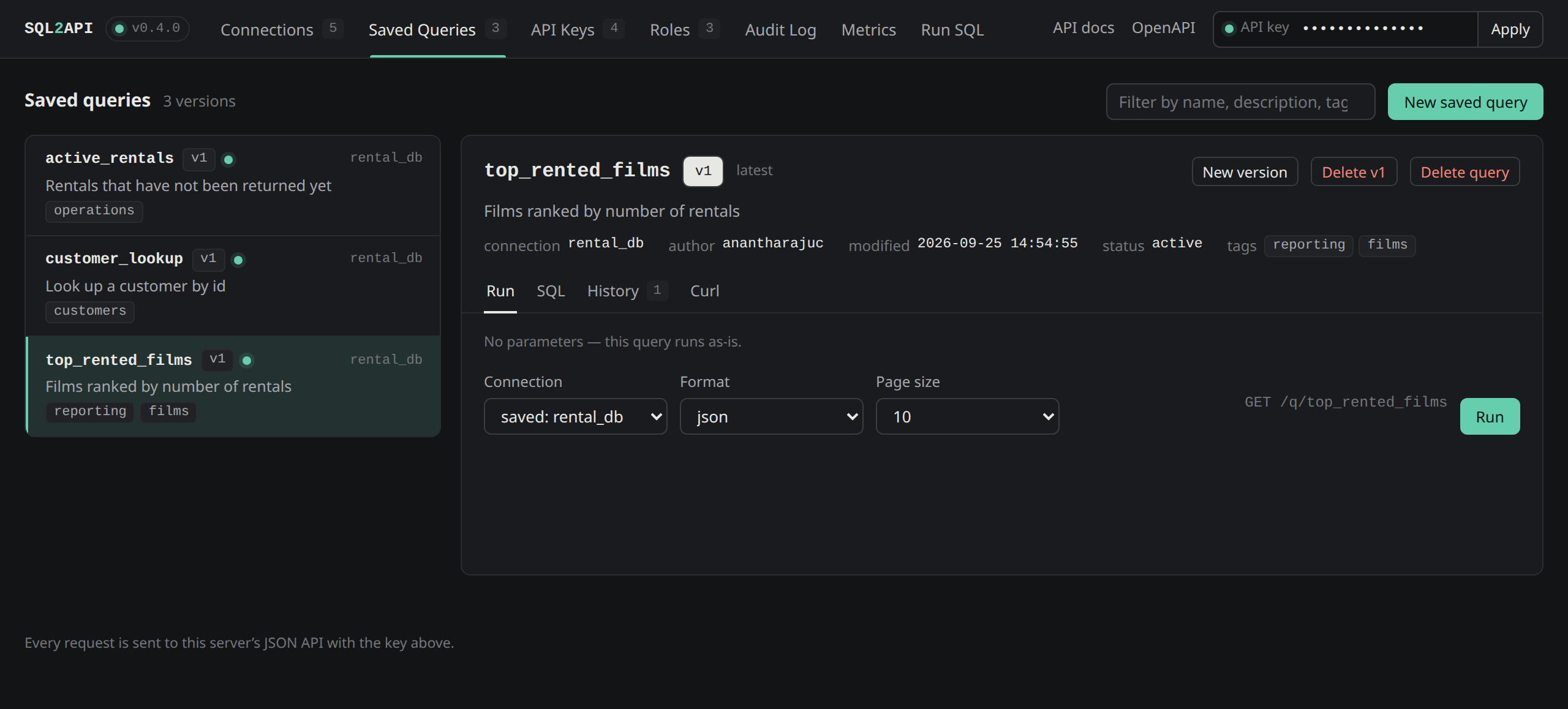 Saved query detail panel showing its SQL, tags, run history and the generated GET /q/ endpoint