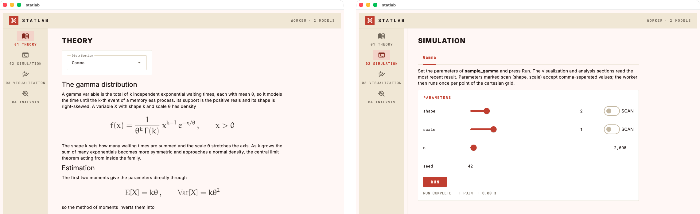 The Theory model selector driving the active worker: choosing Gamma shows the gamma theory and the gamma worker as a single Simulation tab