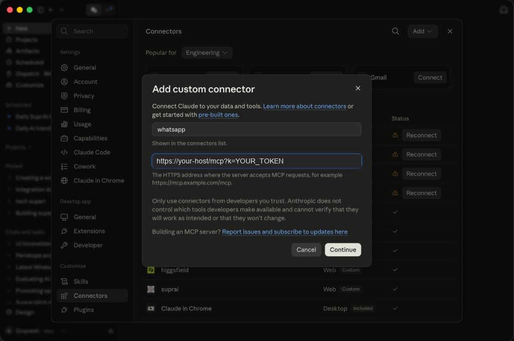 Claude's Add custom connector dialog with the name and the MCP URL filled in