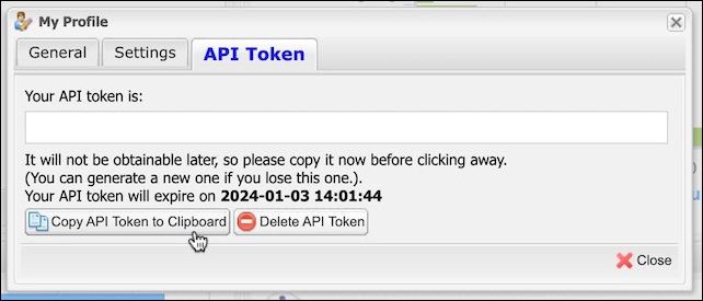 Screenshot of "Copy API Token to Clipboard" button