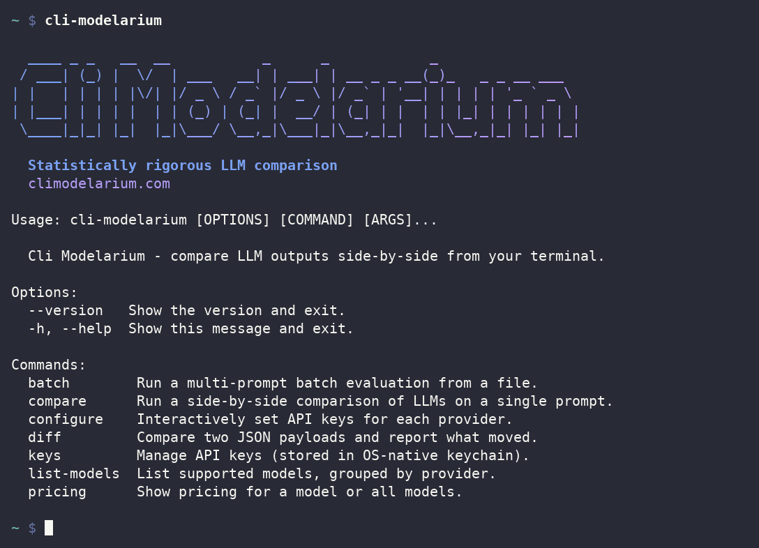 Terminal demo of cli-modelarium: the same comparison is run twice across claude-fable-5-1, gemini-3.8-flash, gemini-3.7-flash and claude-haiku-4-5, then diff reports every answer text unchanged while cost moves on the two Gemini rows and stays flat on the two Claude rows.