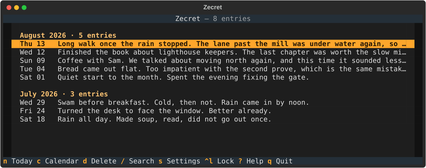 The Zecret entry list, showing days of diary entries grouped under month headings, most recent first
