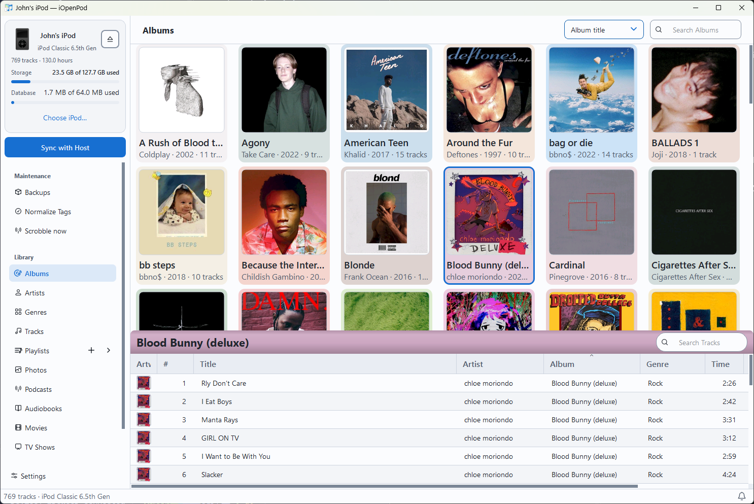 iOpenPod album library with album artwork and the selected album track list
