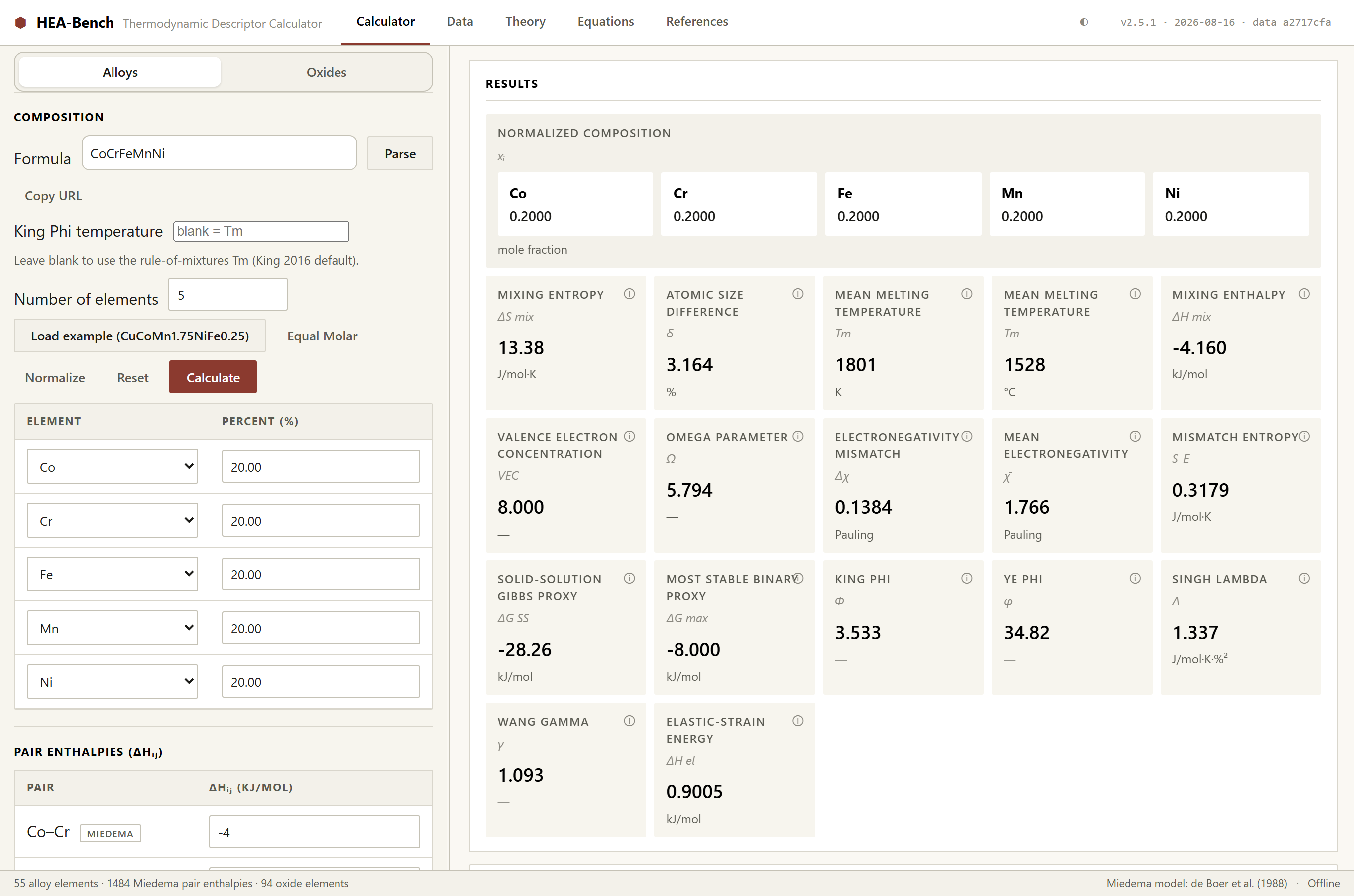 The HEA-Bench browser calculator showing the equimolar Cantor alloy CoCrFeMnNi, with the composition on the left and the computed descriptors on the right.