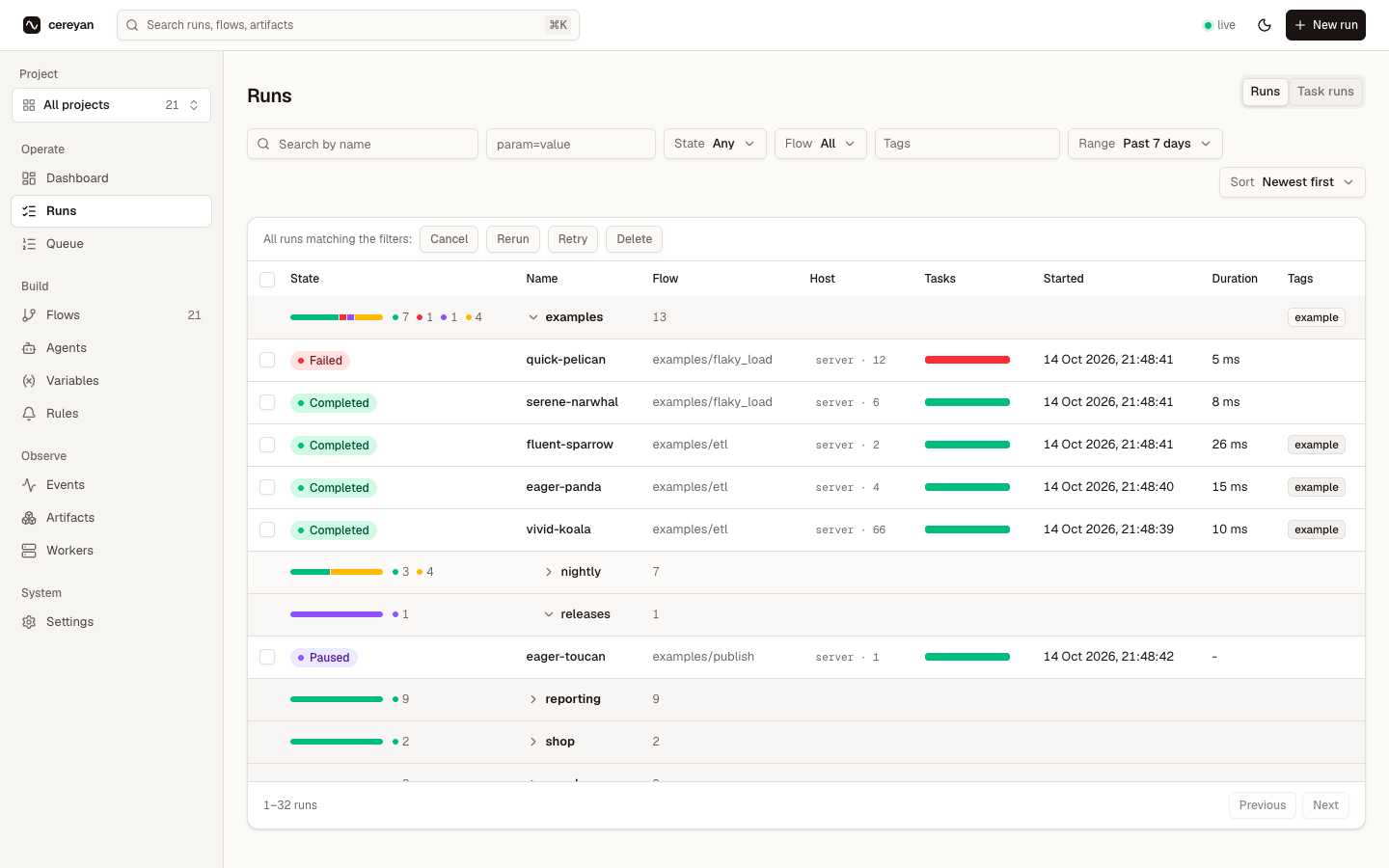 Runs list beside the sidebar and its scope picker, in collapsible sections whose headers roll up their runs' states, over rows with popover filters, the host that ran each run, and a task-state bar per run