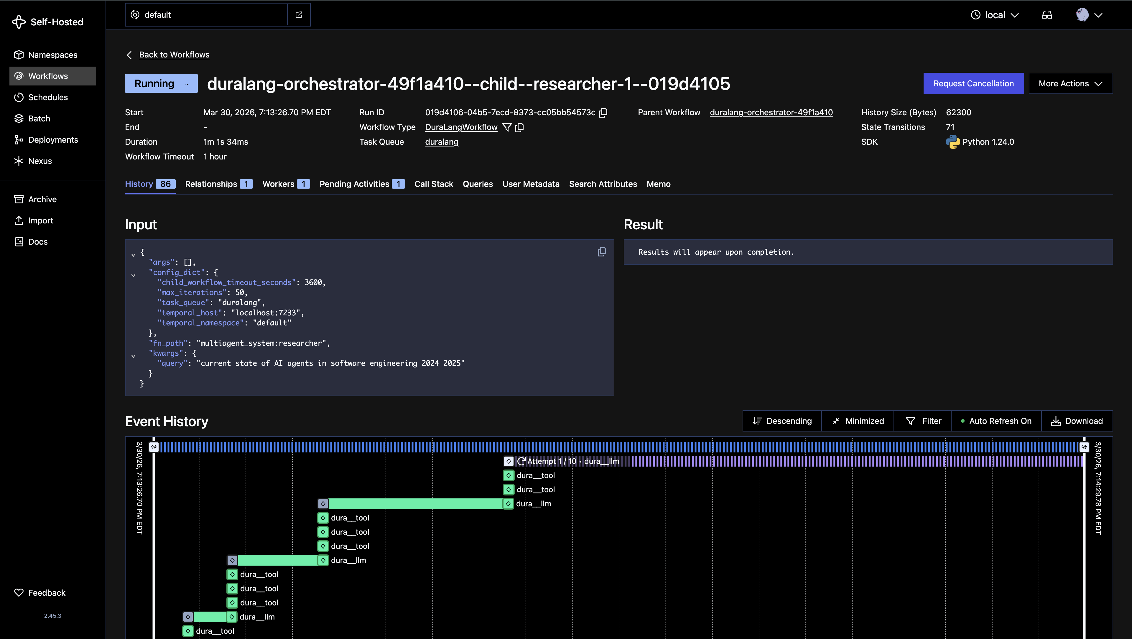Temporal UI child workflow run