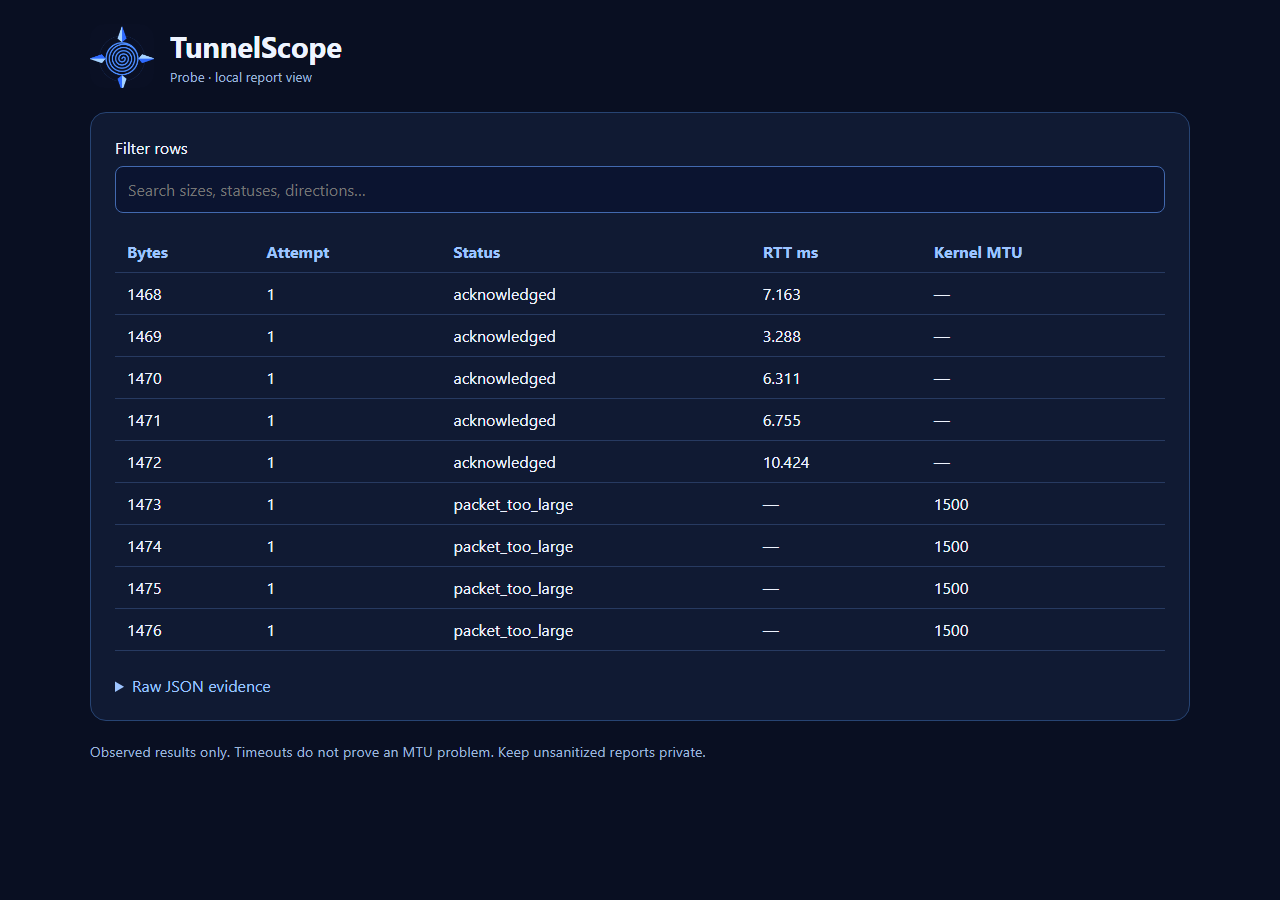TunnelScope HTML report view