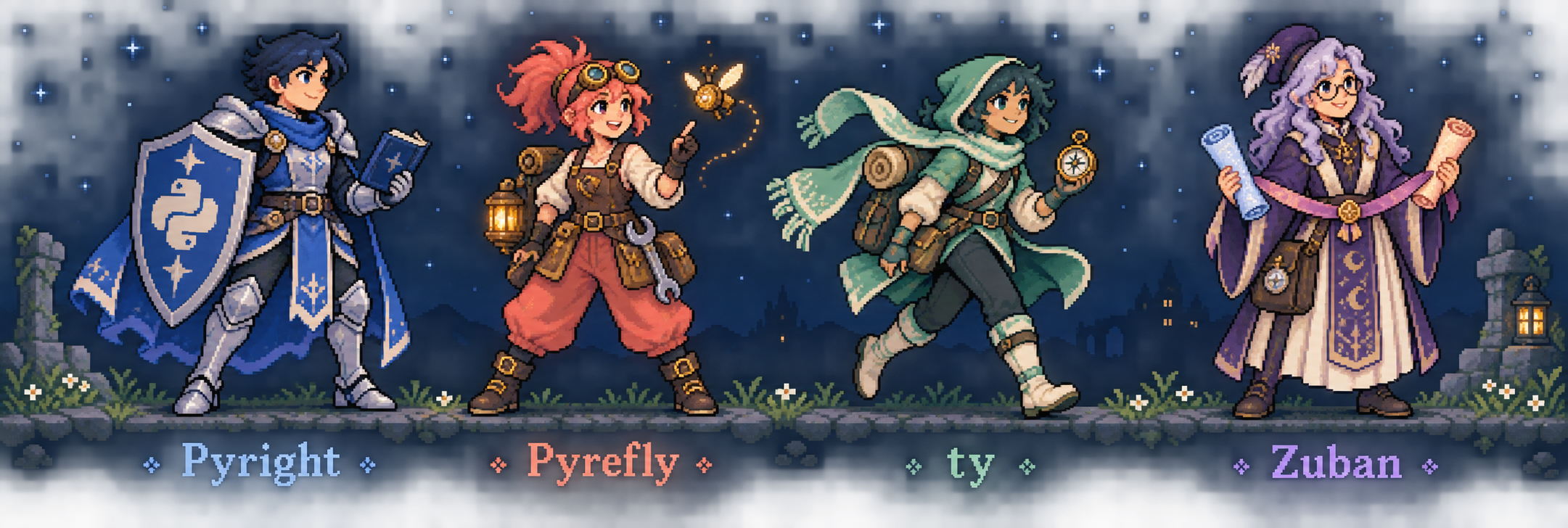 Pixel-art party: Pyright the blue sentinel, Pyrefly the coral artificer, ty the green scout, and Zuban the purple diplomat.