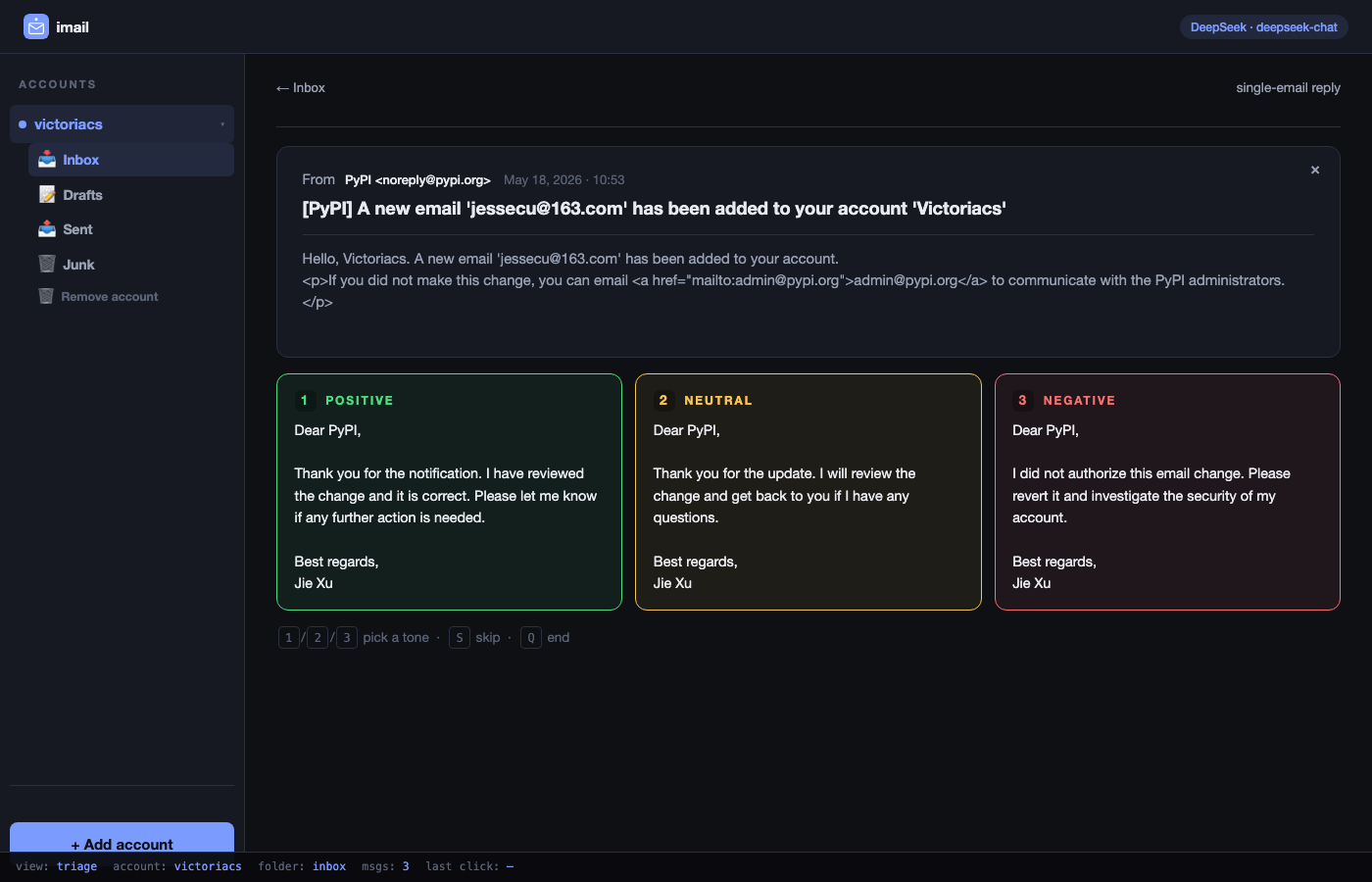 imail screenshot — three reply tones for the same email