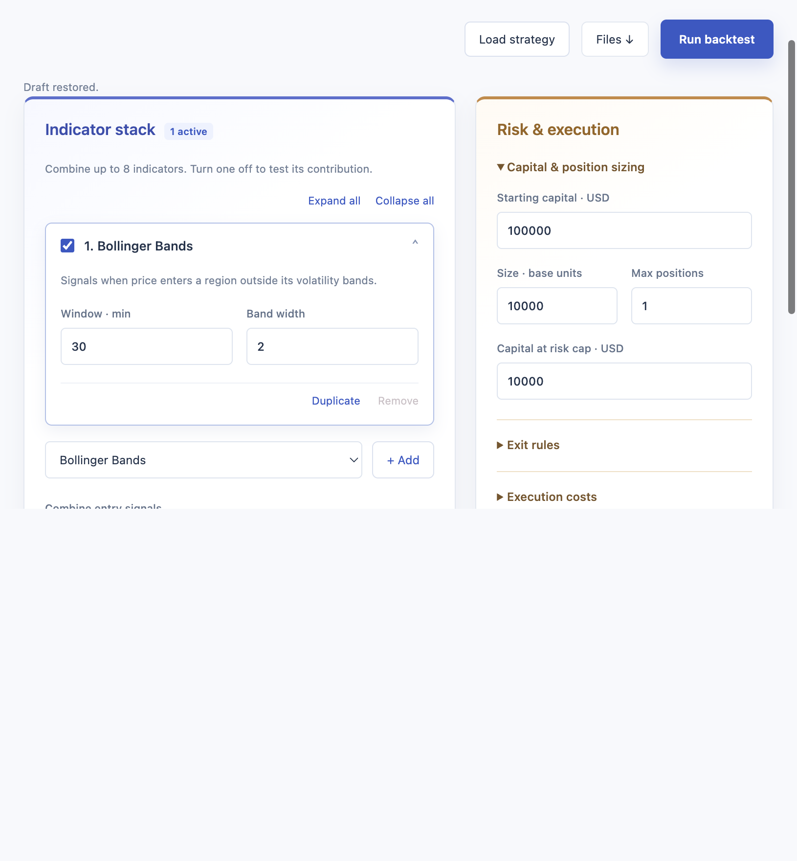 TradeTide Strategy tab with indicator and risk configuration panels