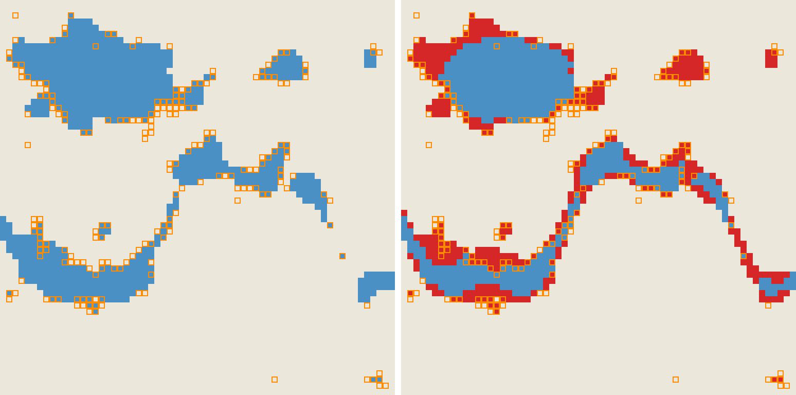 Left: a water map with the 5% of windows to check first outlined in orange, all of them along the shore and around a false patch. Right: the same map with the windows that are really wrong filled in red; the orange outlines sit on the edges of the red areas