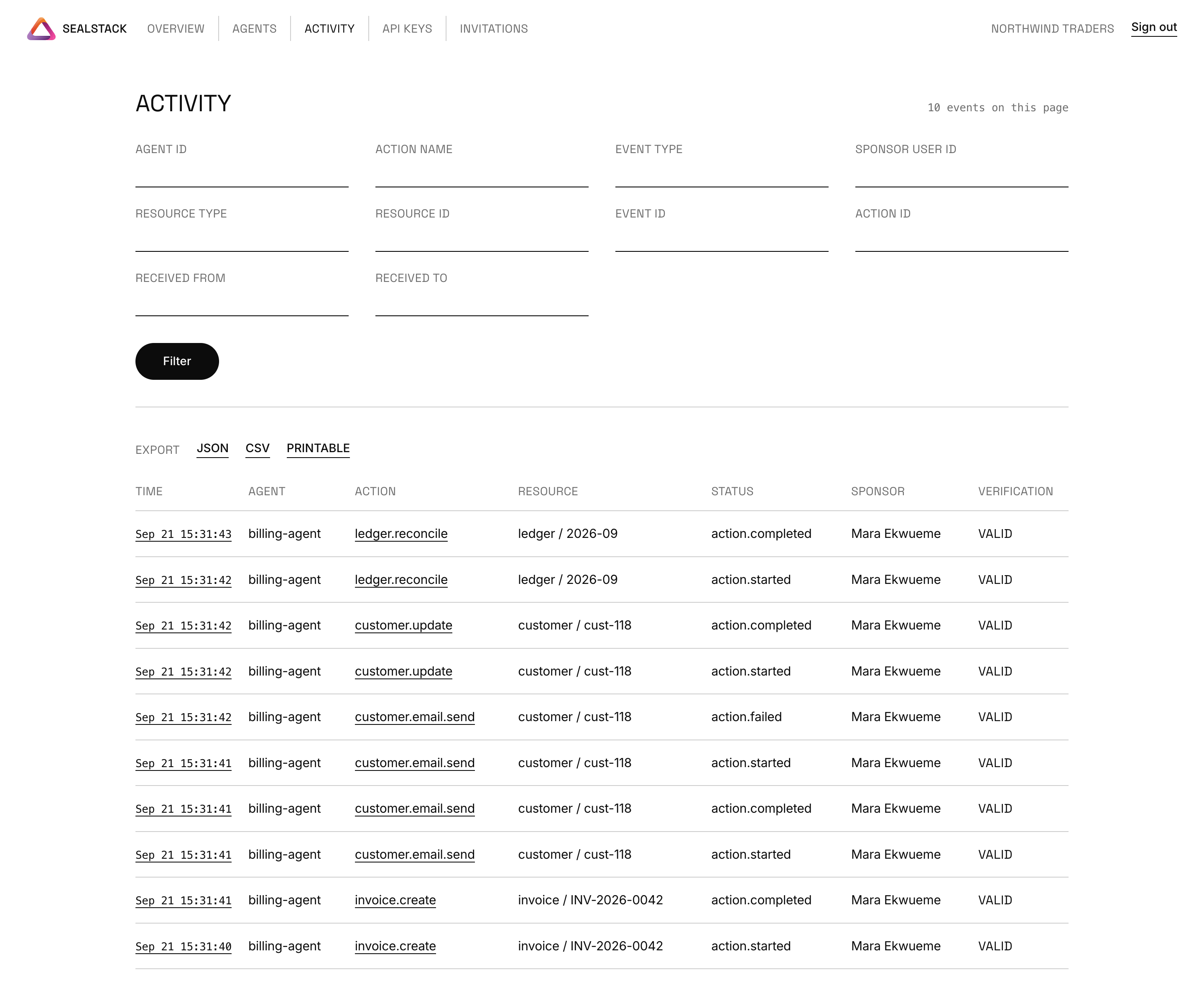 The SealStack dashboard activity page, headed ACTIVITY with 10 events on this page, a filter form, JSON CSV and PRINTABLE export links, and a table of ten rows