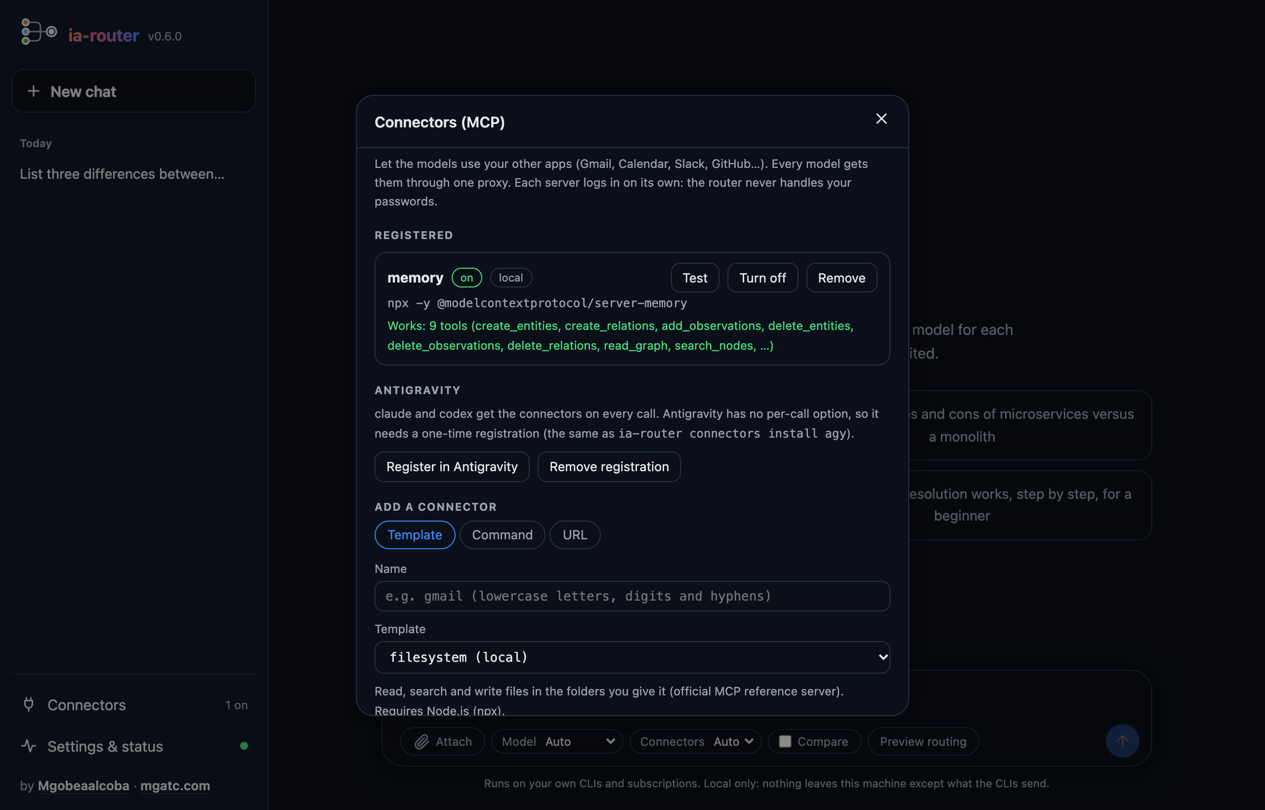 Connectors: the real memory server added from a template and tested