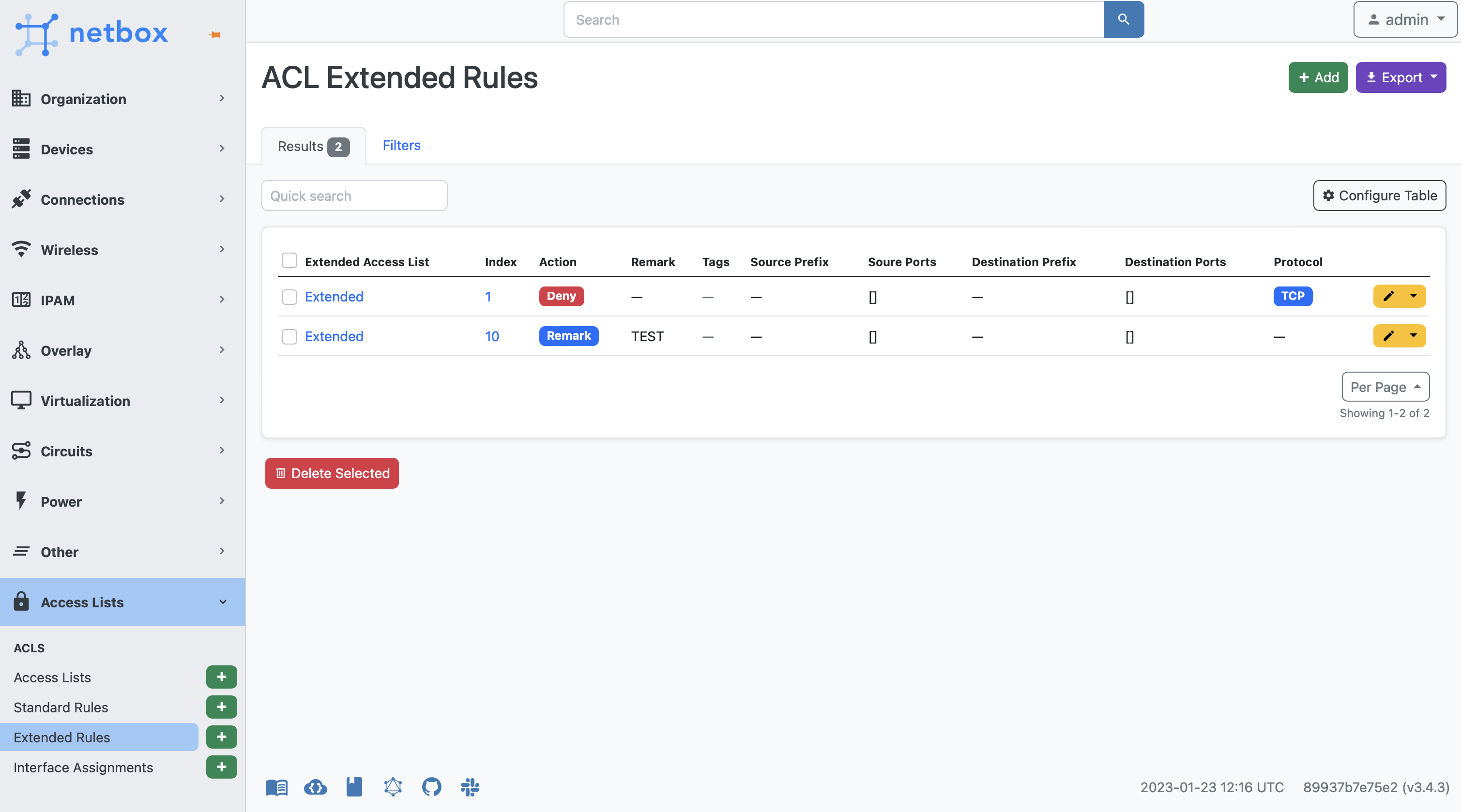 Extended Access List Rules - List View
