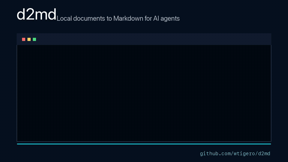 d2md installs from PyPI and converts a local PDF to Markdown on standard output