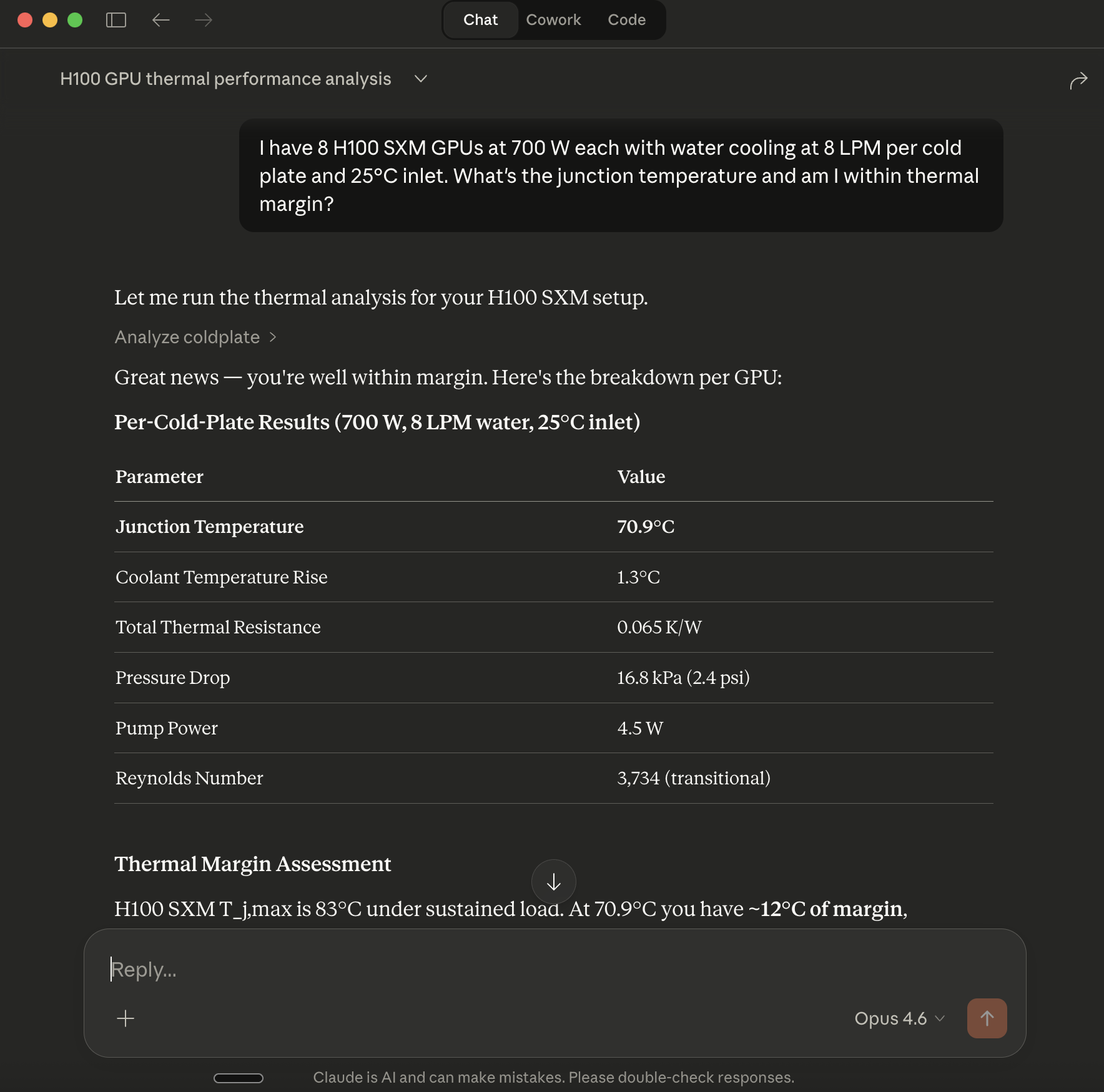 Claude answering a liquid cooling question using thermal-mcp-server