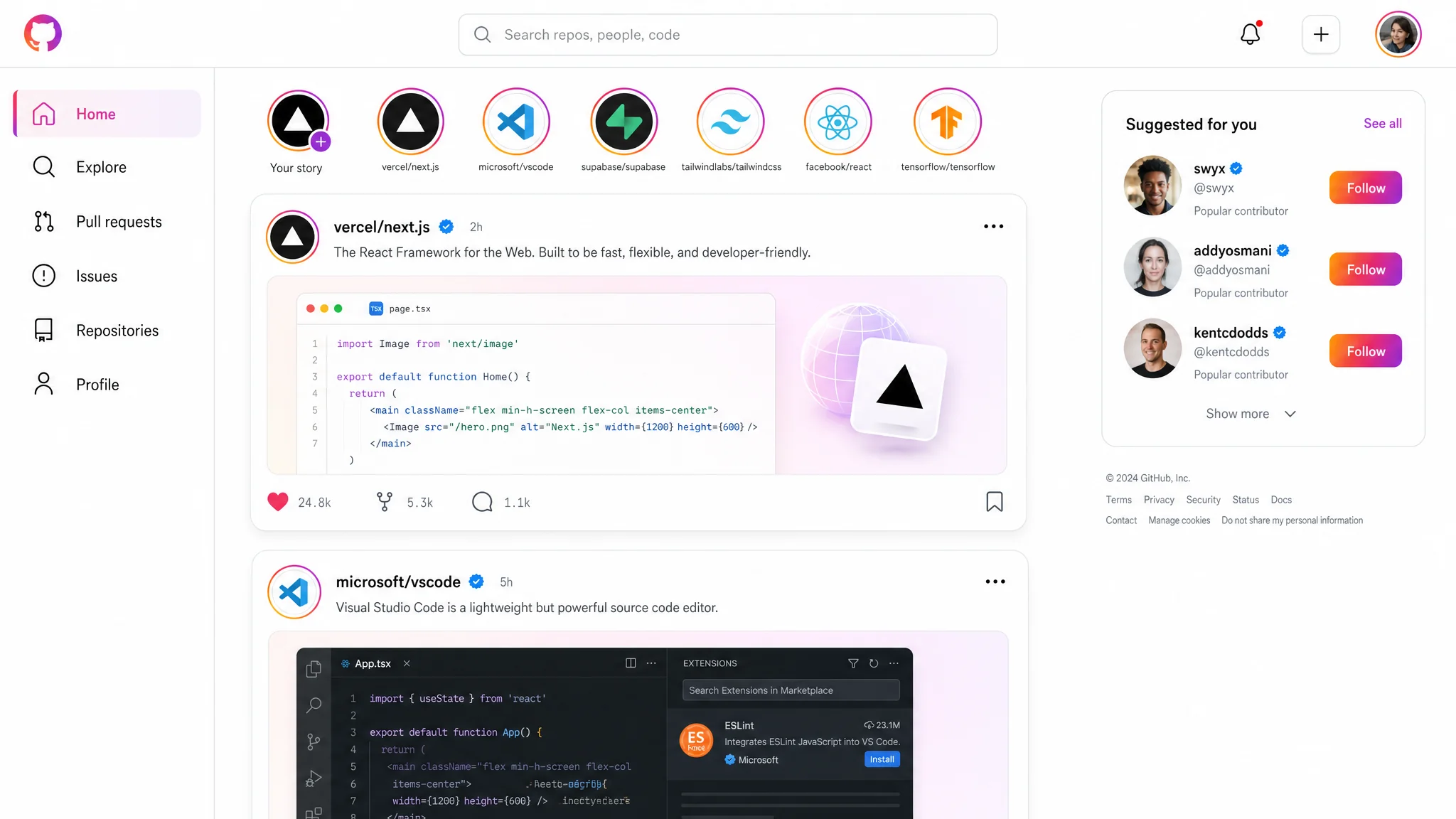 Example: GitHub re-imagined as if designed by the Instagram team
