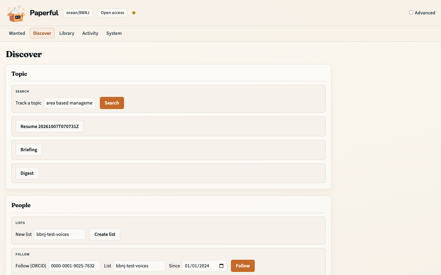 Discover: topic filled, ready to search or follow people