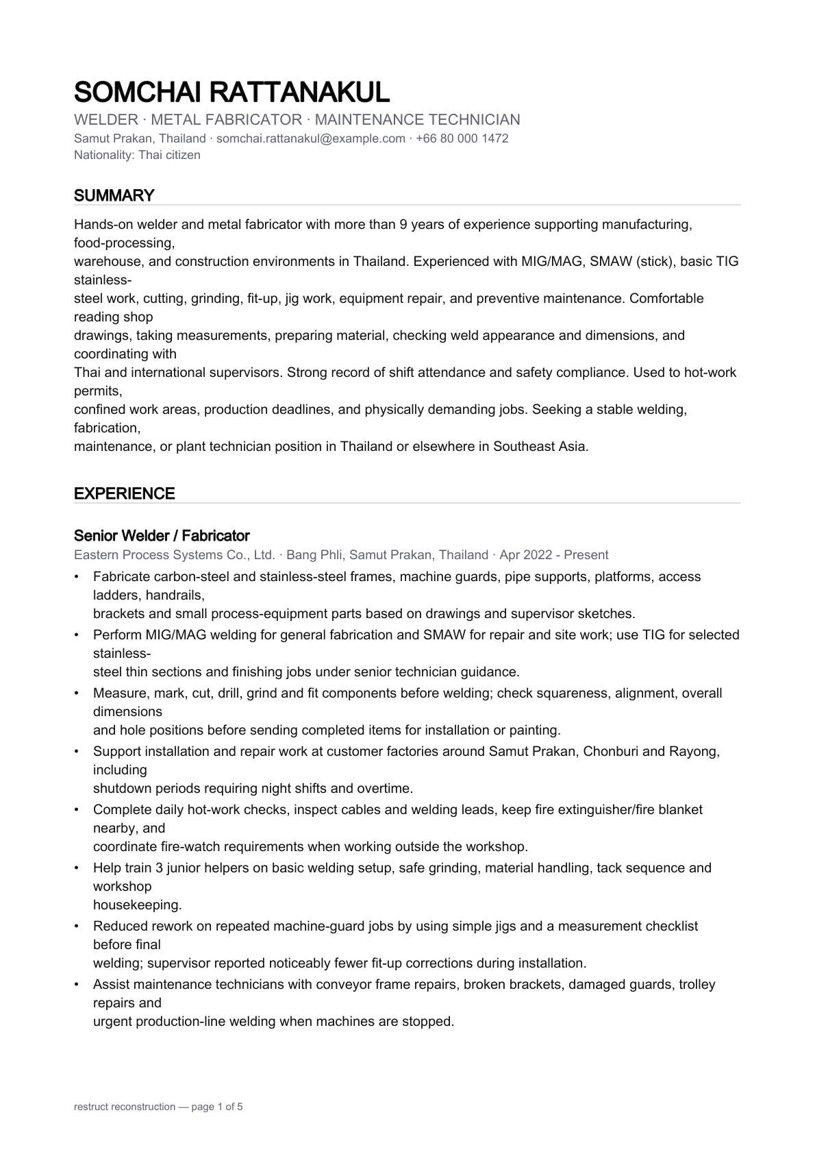 A resume redrawn from the extracted JSON: name, titles and contact line at the top, then SUMMARY and EXPERIENCE sections with job title, employer, location, dates and bullets.
