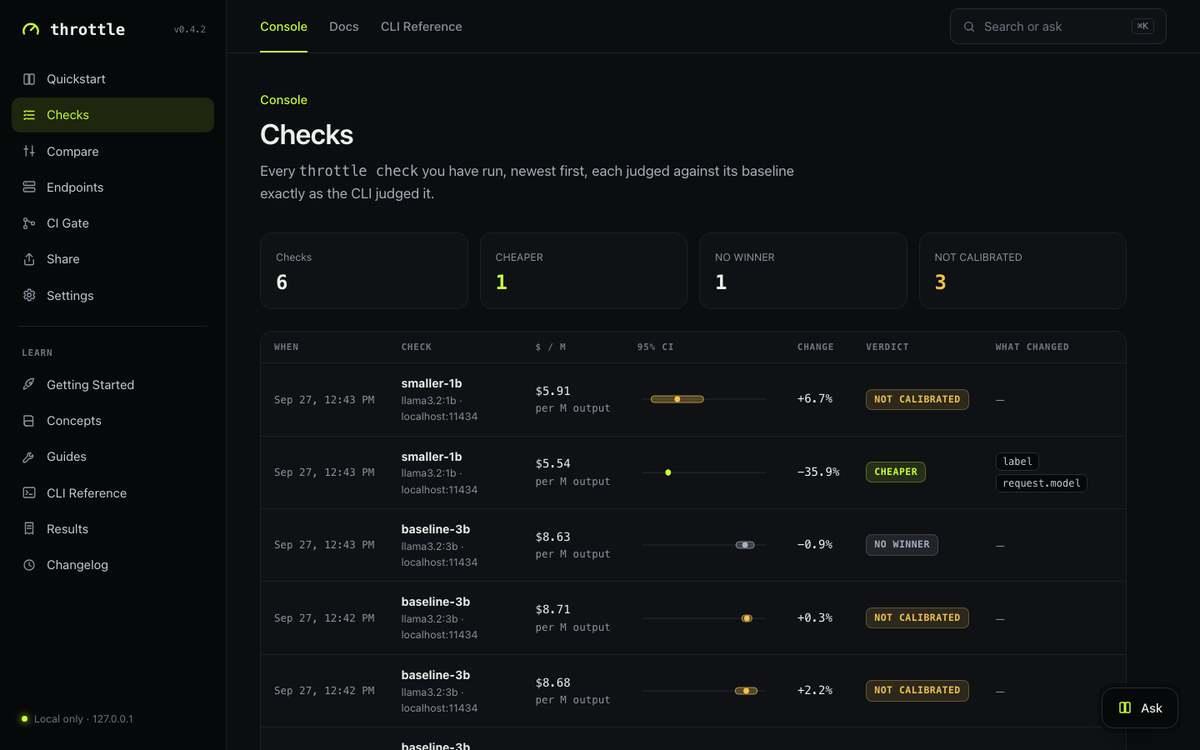 Throttle Console: the Checks page