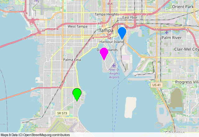 Three points plotted on a real map of Tampa Bay