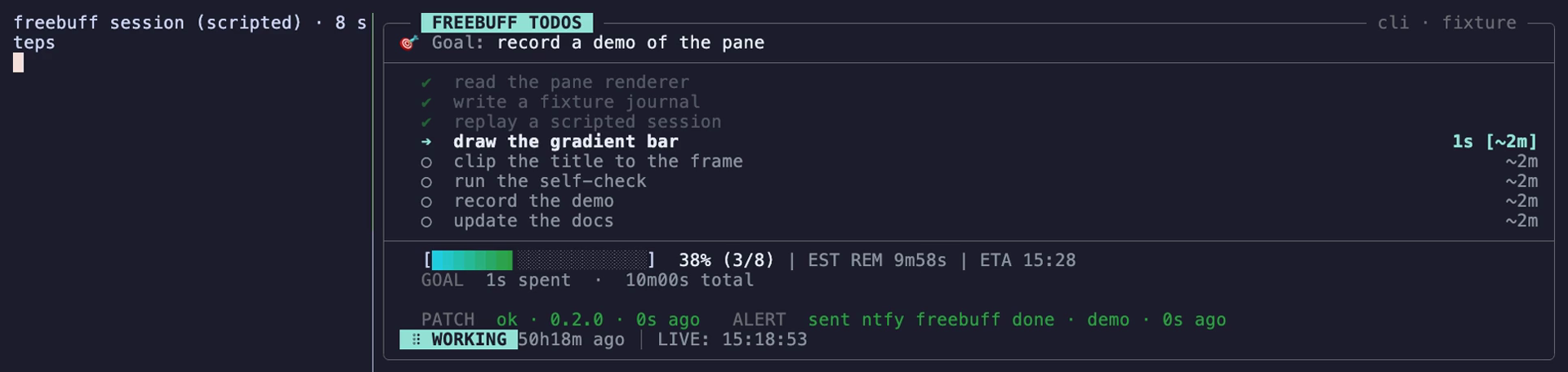 the scripted session and the pane, side by side