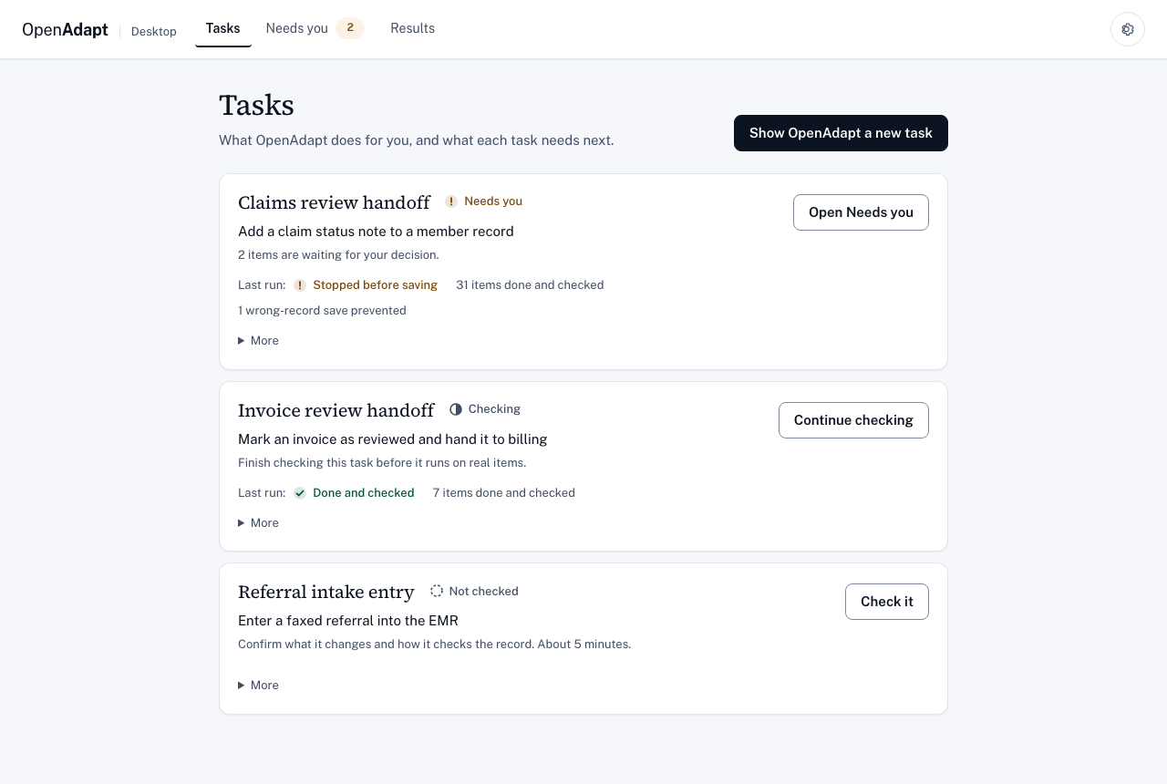 OpenAdapt Desktop Tasks screen with synthetic data: three tasks, each with one status and one next step
