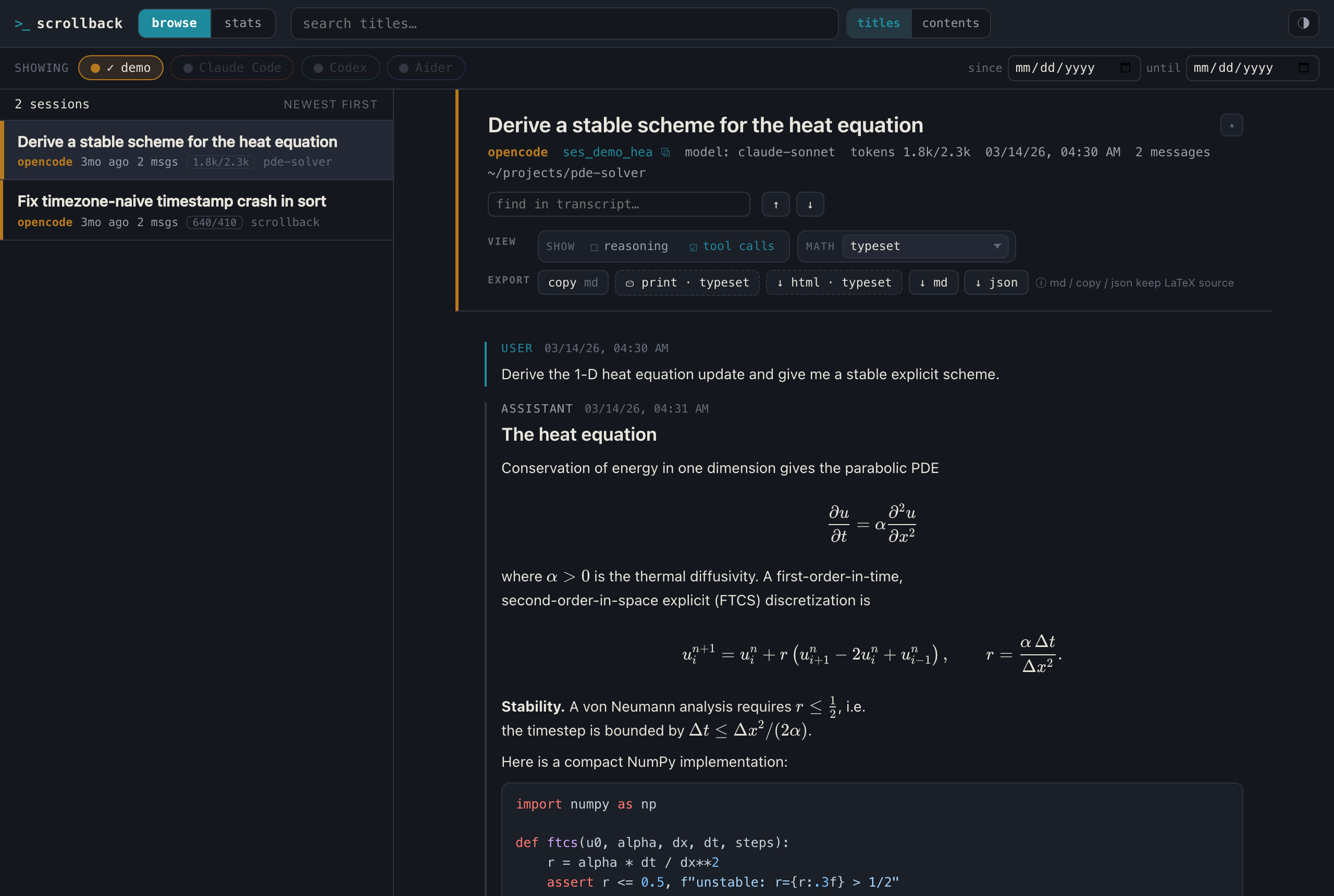 The scrollback web app showing a session list beside a transcript with rendered Markdown, highlighted code, and typeset equations.