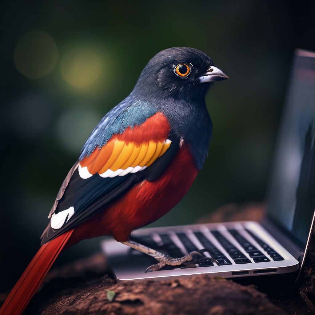 A pitcture of a trogon (bird) sitting on a laptop