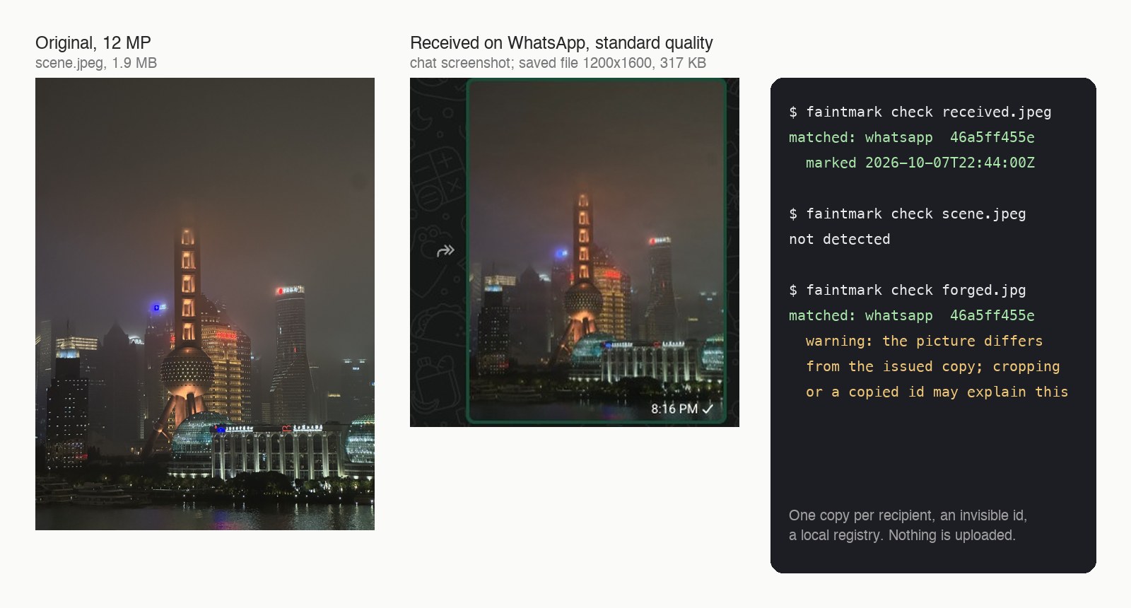 Original scene, a WhatsApp chat screenshot of the marked copy, and CLI checks: the received copy matches, the original has no mark, a transplanted id is flagged