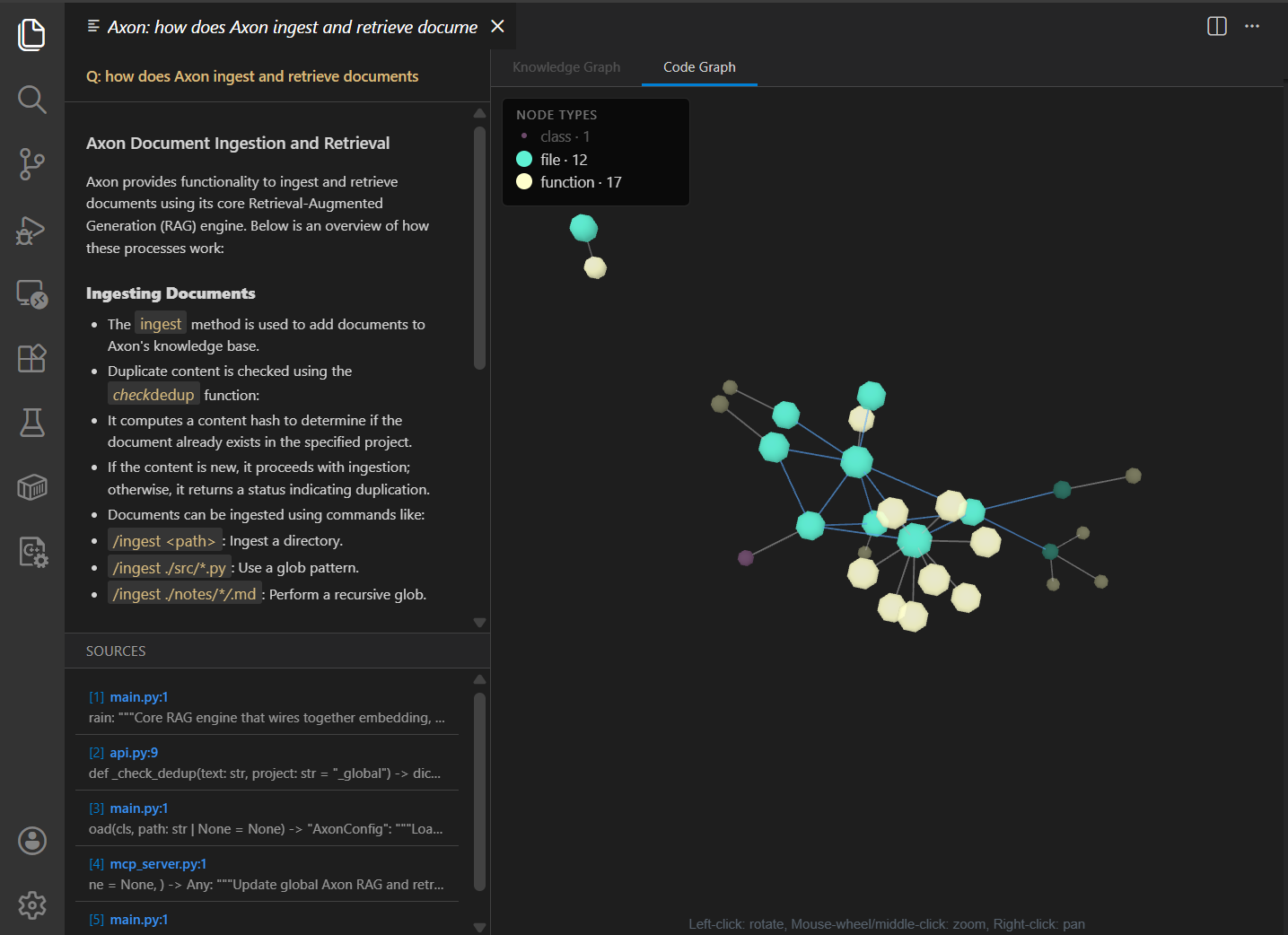 Axon VS Code Graph Panel — answer, cited sources, and interactive 3D code graph