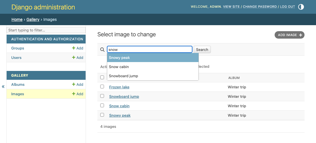 The search box of the images, with "snow" typed and three images suggested